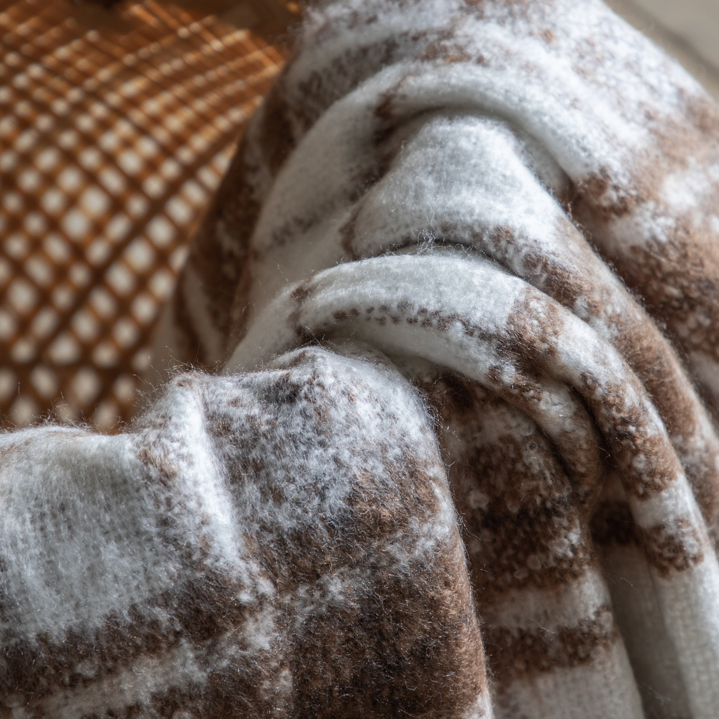 Check Faux Mohair Cream & Tan Brown Throw